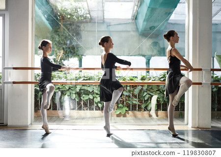 Rear view of graceful teenage girl raising arm practicing ballet positions while standing next to young students at barre during group class in dance studio, copy space Rear view of graceful teenage girl raising arm practicing ballet positions while standing next to young students at barre during group class in dance studio, copy space 119830807