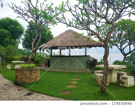 A traditional wooden gazebo sits in a lush tropical garden 119830848