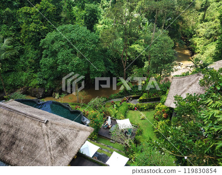 A majestic tropical garden with a lawn, palm trees and a swimming pool. The territory of a luxury hotel in Asia. A majestic tropical garden with a lawn, palm trees and a swimming pool. The territory of a luxury hotel in Asia. 119830854