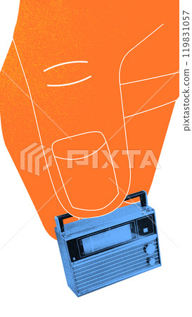 Contemporary art collage. Orange hand holds blue radio against white background. Nostalgia for analog sound. 119831057