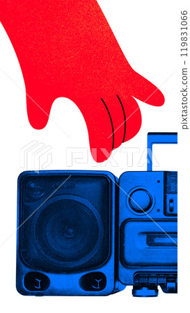 Contemporary art collage. Red hand touching blue boombox against white background. Tribute to hip-hop culture. Contemporary art collage. Red hand touching blue boombox against white background. Tribute to hip-hop culture. 119831066
