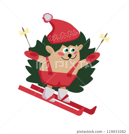 Hedgehog in a hat on skis with sparklers 119831082