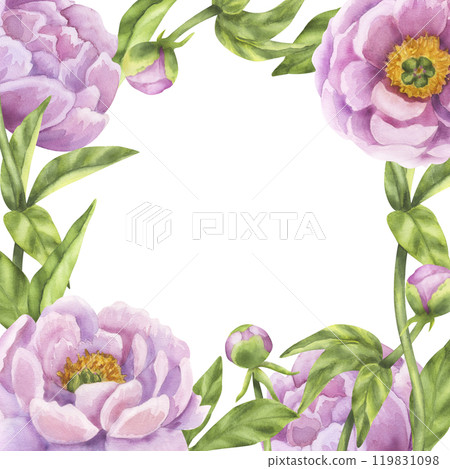 Pink peony square flower frame. Floral print buds and green leaves. Hand drawn watercolor illustration isolated background. For printing postcards, invitations, textile, clothes, greeting cards 119831098