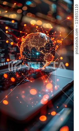 Laptop with glowing globe and coding screen on wooden table 119831110