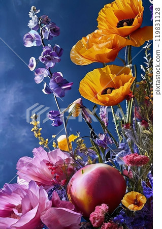 Colorful bouquet of flowers with blue sky background. Flowers are pink, orange. Scene is bright, cheerful, with flowers. For greeting cards, print, textile design, social media content, event decor. 119831128