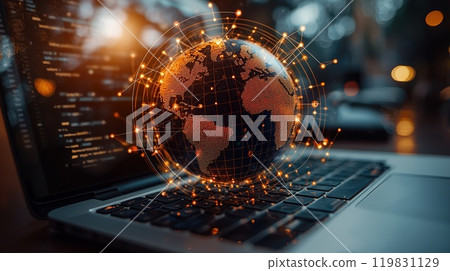 Laptop with glowing globe and coding screen on wooden table 119831129