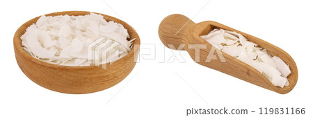 Coconut flakes or chips in wooden bowl and scoop isolated on white background with full depth of field 119831166
