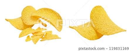 Potato chips isolated on white background with full depth of field. Potato chips isolated on white background with full depth of field. 119831169