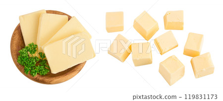 butter slices in wooden bowl isolated on white background with full depth of field. Top view. Flat lay butter slices in wooden bowl isolated on white background with full depth of field. Top view. Flat lay 119831173