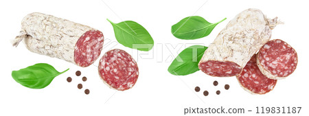 Cured salami sausage isolated on white background. Italian cuisine with full depth of field. Top view. Flat lay 119831187