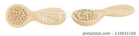 Sorghum seeds in wooden spoon isolated on white background. Top view. Flat lay. Sorghum seeds in wooden spoon isolated on white background. Top view. Flat lay. 119831189