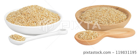 Sesame seeds in ceramic and wooden bowl and spoon isolated on white background Sesame seeds in ceramic and wooden bowl and spoon isolated on white background 119831195