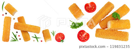 Fish finger or stick with parsley isolated on white background. Top view. Flat lay. Fish finger or stick with parsley isolated on white background. Top view. Flat lay. 119831235