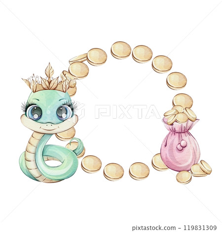 A charming cartoon snake with a crown and pink bag with coins, vibrant and playful, ideal for kids art. Symbol wealth of Chines New Year 2025 in cute cartoon style for souvenirs, printing, packaging A charming cartoon snake with a crown and pink bag with coins, vibrant and playful, ideal for kids art. Symbol wealth of Chines New Year 2025 in cute cartoon style for souvenirs, printing, packaging 119831309
