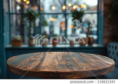 Empty round wooden table in cozy urban coffee shop on background with window sill decorated with potted flowers and light on street, blurred backdrop, podium for presentation of new product or montage 119831345