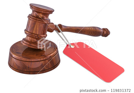 Wooden gavel with sale tag. Auction concept. 3D rendering Wooden gavel with sale tag. Auction concept. 3D rendering 119831372