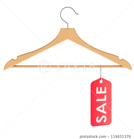 Wooden hanger with red sale tag, 3D rendering Wooden hanger with red sale tag, 3D rendering 119831376