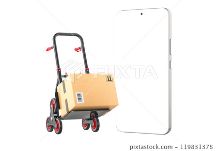 Hand truck with parcel and mobile phone. 3D rendering Hand truck with parcel and mobile phone. 3D rendering 119831378