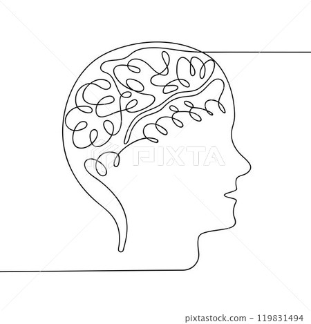 Continuous line drawing of human head with brain. Thinking linear symbol. Mental health concept. Hand drawn vector illustration. Minimalist black linear sketch isolated on white background. Continuous line drawing of human head with brain. Thinking linear symbol. Mental health concept. Hand drawn vector illustration. Minimalist black linear sketch isolated on white background. 119831494