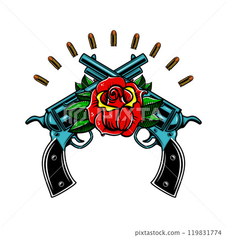 Crossed guns with roses. Design element for poster, card, banner, emblem, sign. Vector illustration Crossed guns with roses. Design element for poster, card, banner, emblem, sign. Vector illustration 119831774