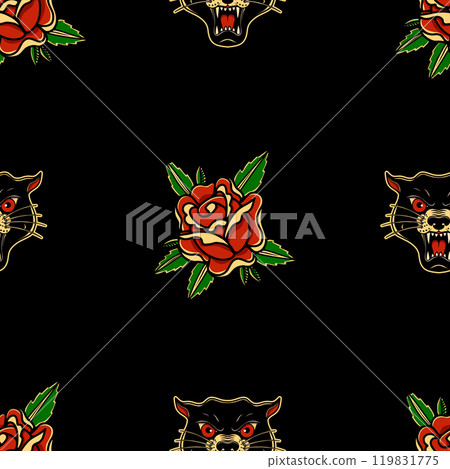 Seamless pattern with roses in tattoo style. Vector illustration 119831775