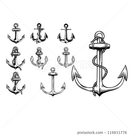 Set of vintage illustrations of anchor. Design element for logo, emblem, sign, t shirt. Vector illustration 119831776
