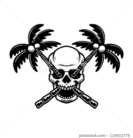 Illustration of skull with palm. Summer theme. Design element for poster, card, banner, emblem, sign. Vector illustration 119831778
