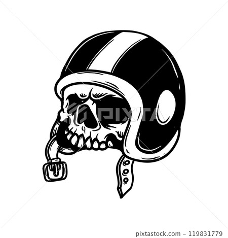 Illustration of skull in racer helmet. Design element for poster, card, banner, emblem, sign. Vector illustration Illustration of skull in racer helmet. Design element for poster, card, banner, emblem, sign. Vector illustration 119831779