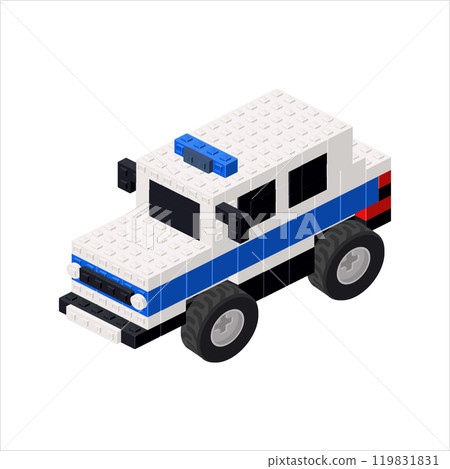 Police car in isometric view assembled from plastic blocks. Vector Police car in isometric view assembled from plastic blocks. Vector 119831831