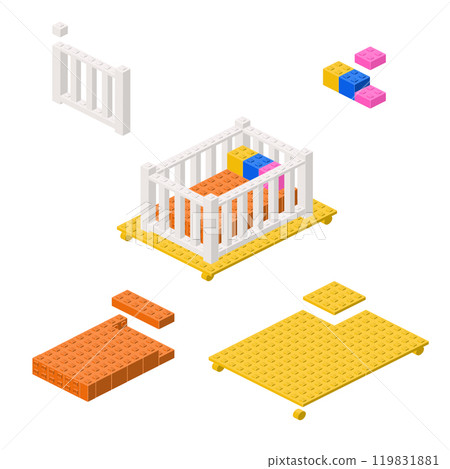 Concept with deconstruction baby crib from plastic blocks. Vector 119831881