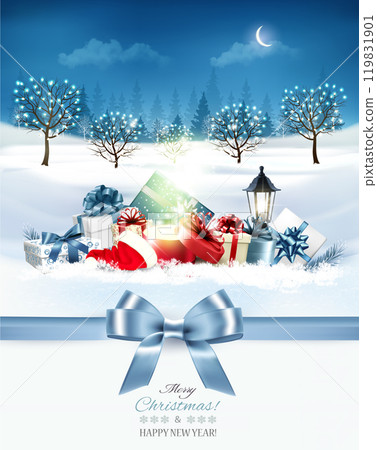 Holiday Christmas and Happy New Year background with evening landscape and christmas colorful presents and magic box. Vector 119831901