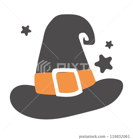 Black witch hat with orange belt and stars, Halloween theme Vector Black witch hat with orange belt and stars, Halloween theme Vector 119832061