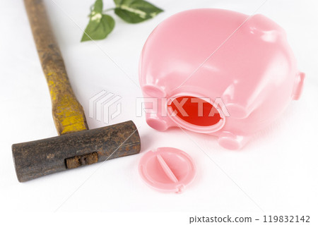 Pig money box and hammer. Image of extravagance 119832142