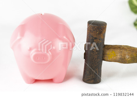 豬存錢筒和鐵鎚。揮霍的形象 119832144