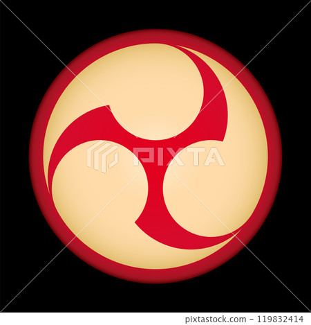 Japanese tomoe design, a comma-like swirl symbol and taiko drum pattern. Left threefold Mitsudomoe, a swirl of 3 commas or tadpoles on a red circle on black background. Used for emblems, banners, etc. Japanese tomoe design, a comma-like swirl symbol and taiko drum pattern. Left threefold Mitsudomoe, a swirl of 3 commas or tadpoles on a red circle on black background. Used for emblems, banners, etc. 119832414