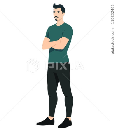 Vector illustration. A young man in a green T-shirt and dark sweatpants. A sporty yet stylish look for an active life. 119832463