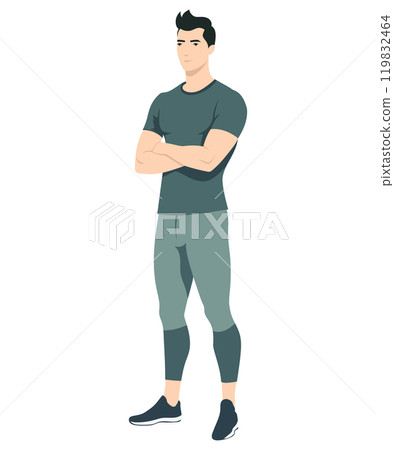 Vector illustration. A man in light gray sweatpants and a gray-green T-shirt. Laconic and stylish image for everyday sports or leisure. Vector illustration. A man in light gray sweatpants and a gray-green T-shirt. Laconic and stylish image for everyday sports or leisure. 119832464