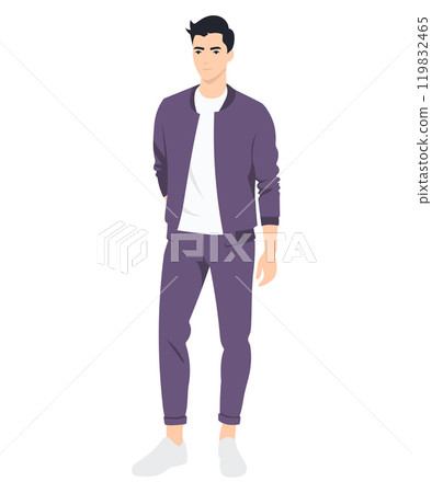 Vector illustration. A young man in a purple tracksuit with a white t-shirt. A bright, but restrained image that combines sportiness with fashionable style. 119832465