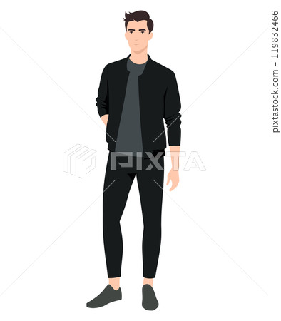 Vector illustration. A man in a dark green t-shirt and a black tracksuit. A stylish and practical choice for active leisure. Vector illustration. A man in a dark green t-shirt and a black tracksuit. A stylish and practical choice for active leisure. 119832466
