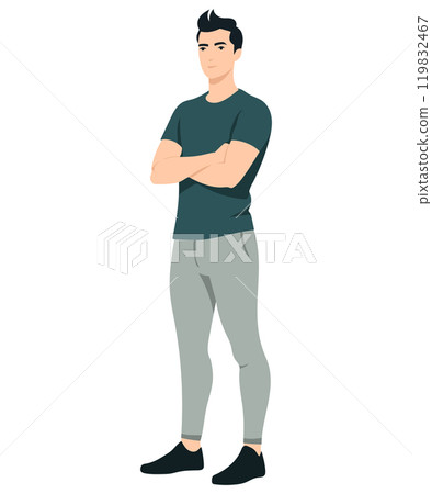 Vector illustration. A young man in a green t-shirt and light gray sports style pants. A simple but dynamic image for an active lifestyle. 119832467
