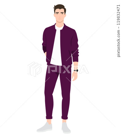 Vector illustration. A young man in a burgundy suit, combining sporty style with elegance. Contrast with a white T-shirt gives freshness. 119832471