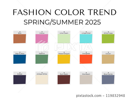Fashion Color Trend Spring - Summer 2025. Trendy colors palette guide. Fabric swatches with color names. Vector template for your creative designs. 119832948