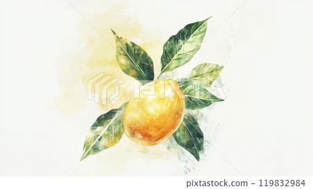 This artwork features a ripe mango with bright yellow skin, elegantly placed among lush green leaves, showcasing vibrant colors and soft textures 119832984
