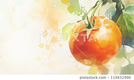 A ripe orange fruit dangles from a green branch, complemented by a wash of soft pastel colors in the background, suggesting a serene outdoor setting 119832990