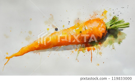 The artwork showcases a detailed rendering of a bright orange carrot, surrounded by colorful splatters and a clean white backdrop, emphasizing its fresh and lively appeal The artwork showcases a detailed rendering of a bright orange carrot, surrounded by colorful splatters and a clean white backdrop, emphasizing its fresh and lively appeal 119833000