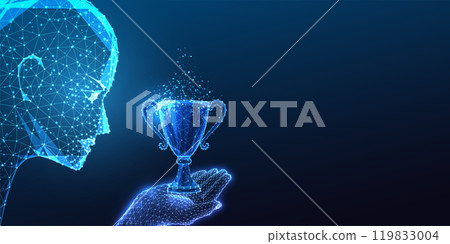 Technology achievement, success concept with AI robotic head holding winning trophy cup on dark blue Technology achievement, success concept with AI robotic head holding winning trophy cup on dark blue 119833004
