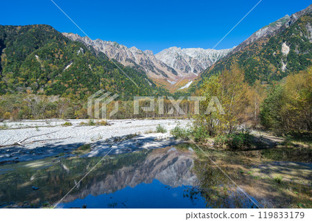 "Nagano Prefecture" Blue sky and early autumn scenery of Kamikochi "Nagano Prefecture" Blue sky and early autumn scenery of Kamikochi 119833179