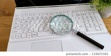 Business scene, PC and magnifying glass, security, virus protection, personal information, banner material, 2:1 119833302