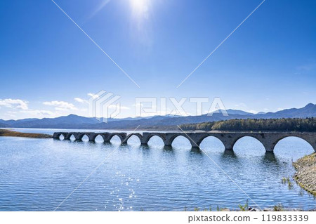 Taushubetsu River Bridge on the former Shihoro Line of the Japanese National Railways on a clear autumn day in Kamishihoro, Hokkaido 119833339
