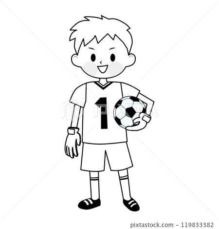 Goalkeeper boy holding a soccer ball Line drawing illustration Goalkeeper boy holding a soccer ball Line drawing illustration 119833382